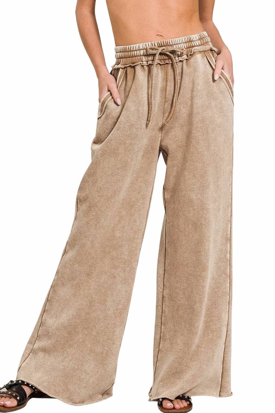 NEW ZENANA acid wash palazzo sweatpants in deep camel